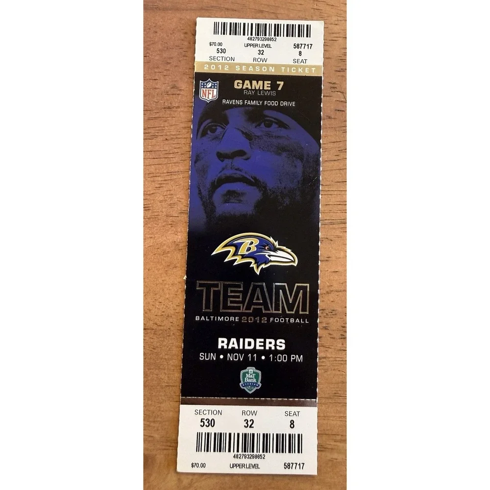 Baltimore Ravens v  Raiders Stub Ray Lewis Picture 11/11/12 Super Bowl Year